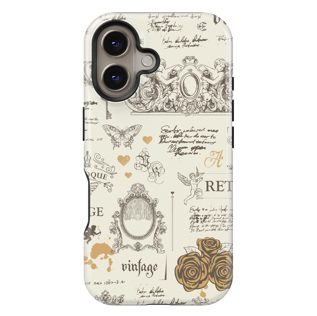 Cream vintage aesthetic iPhone case with antique sketches of cherubs, roses, ornate frames, French script, butterflies, and baroque elements.