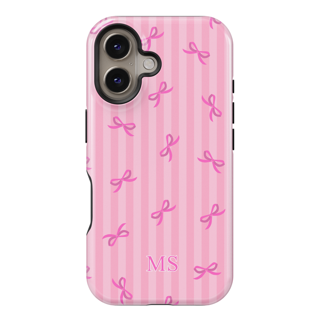 Custom Pink iPhone Case with Ribbon Pattern and Monogram – Girly Personalized Protective Cover