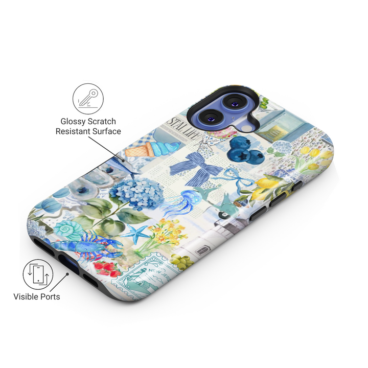 Coastal scrapbook collage iPhone case with hydrangeas, lighthouses, jellyfish, bows, and lemons – fits iPhone 16 Pro Max, iPhone 15, and MagSafe models with protective finish