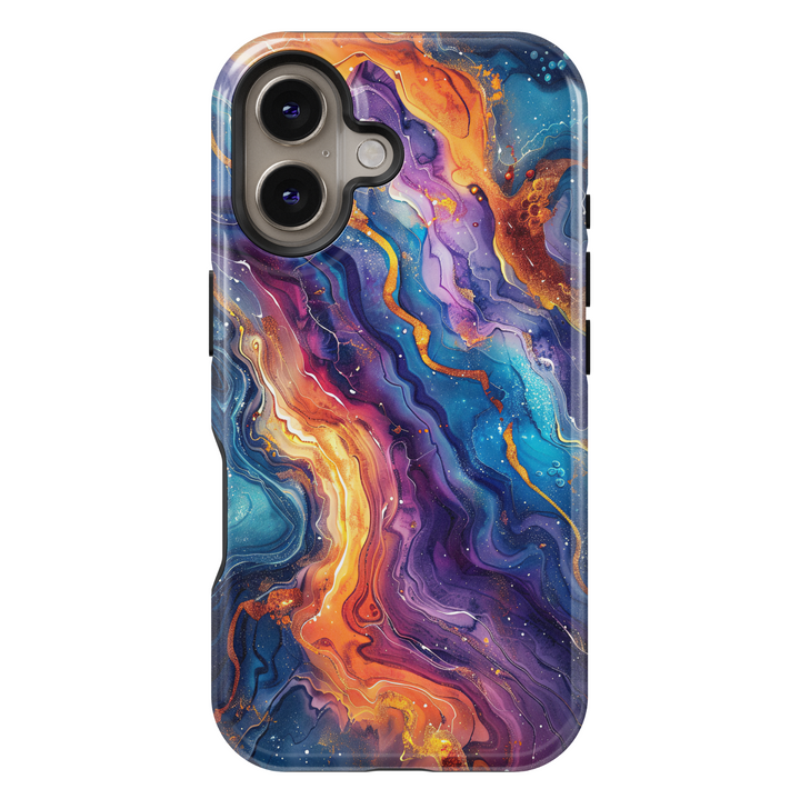 Colorful swirl abstract iPhone case with fiery orange, blue, purple, and galaxy-inspired details – compatible with iPhone 16, 15, 14 Pro, Plus, and MagSafe models.