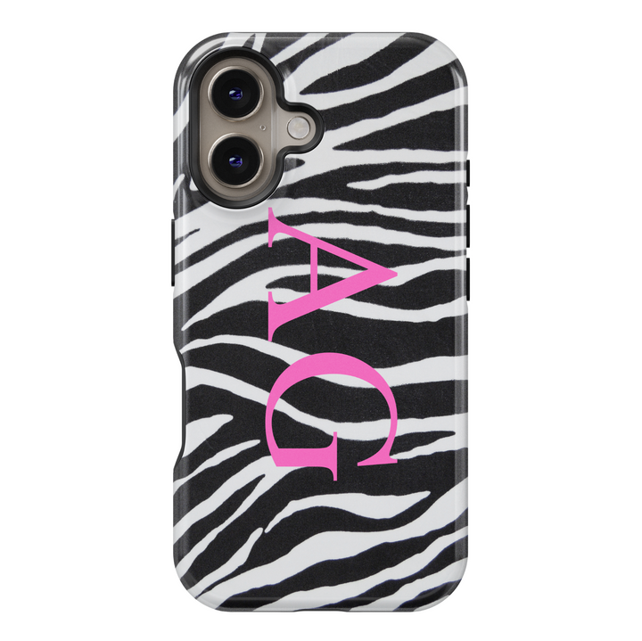 Personalized Zebra iPhone Case with Pink Monogram – Stylish Black and White Striped Phone Cover