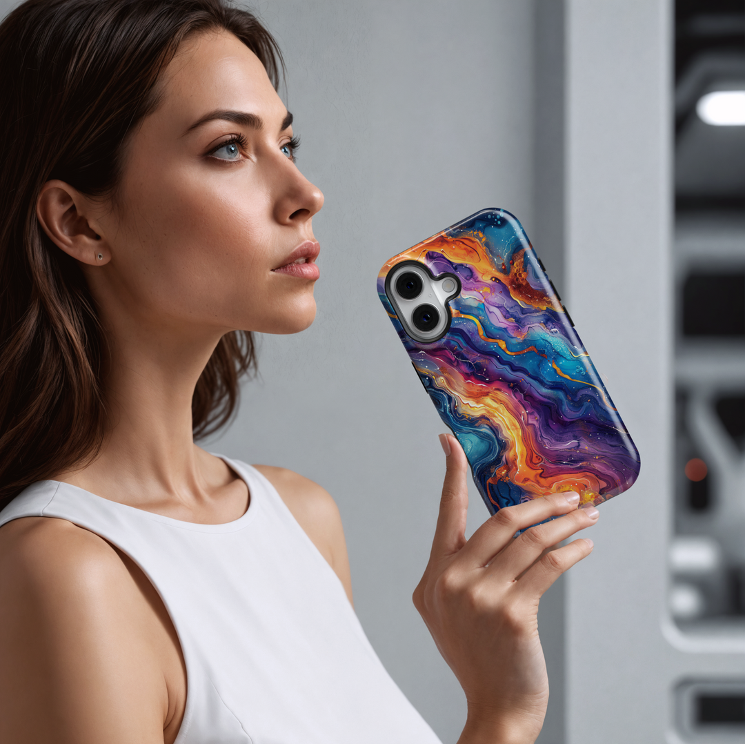 Colorful swirl abstract iPhone case with fiery orange, blue, purple, and galaxy-inspired details – compatible with iPhone 16, 15, 14 Pro, Plus, and MagSafe models.
