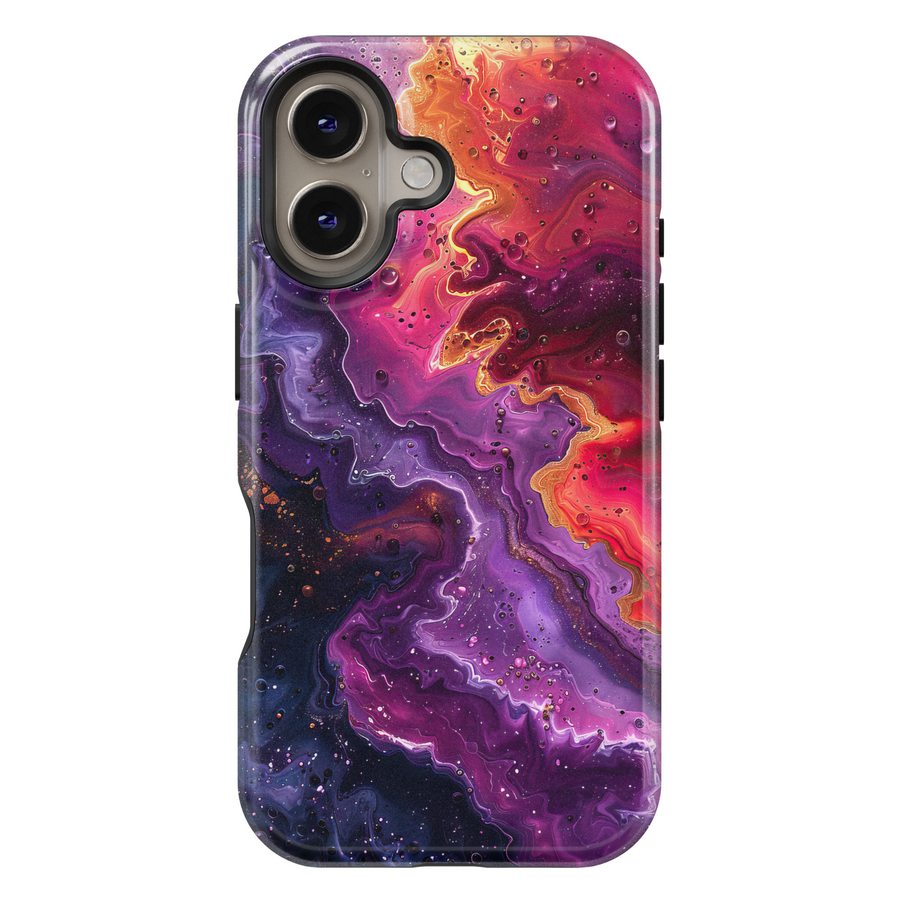 Purple swirl abstract iPhone case with golden accents and cosmic glow – stylish and protective cover for iPhone 16, 15, 14 Pro & Plus with MagSafe support.