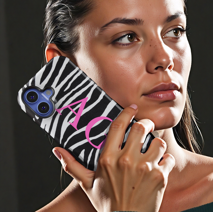 Personalized Zebra iPhone Case with Pink Monogram – Stylish Black and White Striped Phone Cover