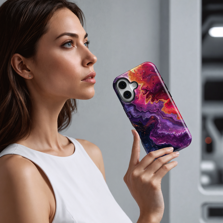 Purple swirl abstract iPhone case with golden accents and cosmic glow – stylish and protective cover for iPhone 16, 15, 14 Pro & Plus with MagSafe support.