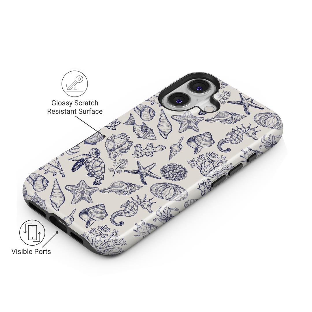 Vintage hand-drawn ocean iPhone case with turtle, seashell, coral and starfish pattern in navy on ivory – MagSafe iPhone 16 Pro Max case for sea lovers