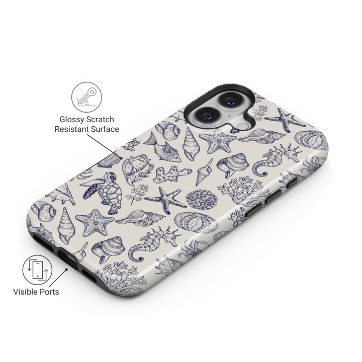 Vintage hand-drawn ocean iPhone case with turtle, seashell, coral and starfish pattern in navy on ivory – MagSafe iPhone 16 Pro Max case for sea lovers