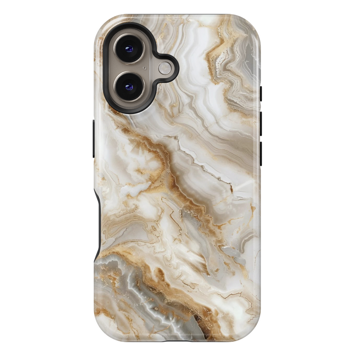 Elegant white marble iPhone case with gold vein accents – luxury stone design cover compatible with iPhone 16, 15, 14 Pro & Plus with MagSafe support.