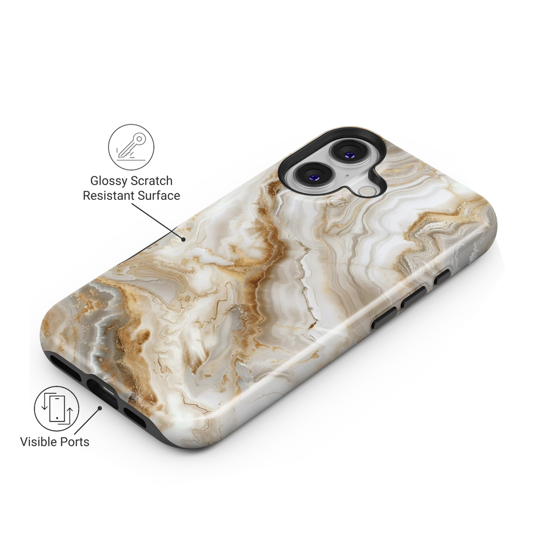 Elegant white marble iPhone case with gold vein accents – luxury stone design cover compatible with iPhone 16, 15, 14 Pro & Plus with MagSafe support.