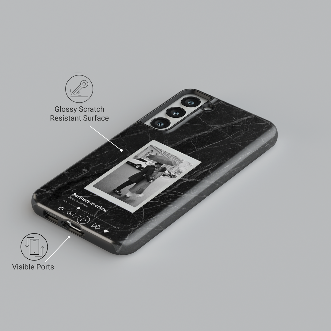 Personalized black marble Samsung Galaxy phone case with a custom photo and music player design. Available for Galaxy S25 Ultra, S24 FE, S23 & more.