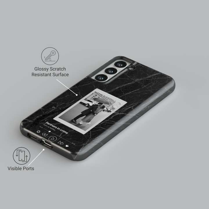 Personalized black marble Samsung Galaxy phone case with a custom photo and music player design. Available for Galaxy S25 Ultra, S24 FE, S23 & more.