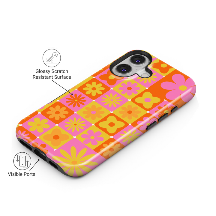 Retro orange pink and yellow floral iPhone 16 case for women – MagSafe compatible, girly flower grid phone case, vibrant glossy iPhone cover