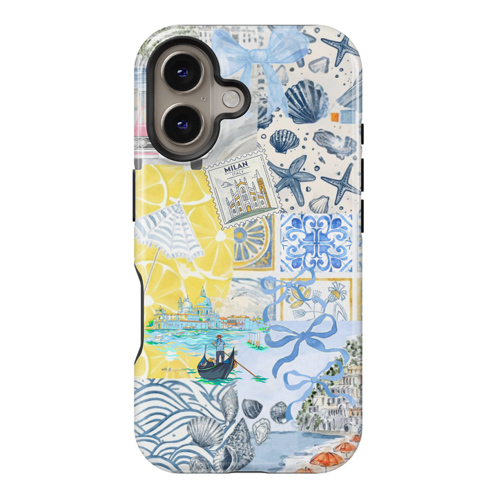 Italian Aesthetic iPhone Case with Amalfi Coast Elements, Blue Bows, Lemons, Shells, Gondola, and Milan Stamp – Summer Travel Phone Cover