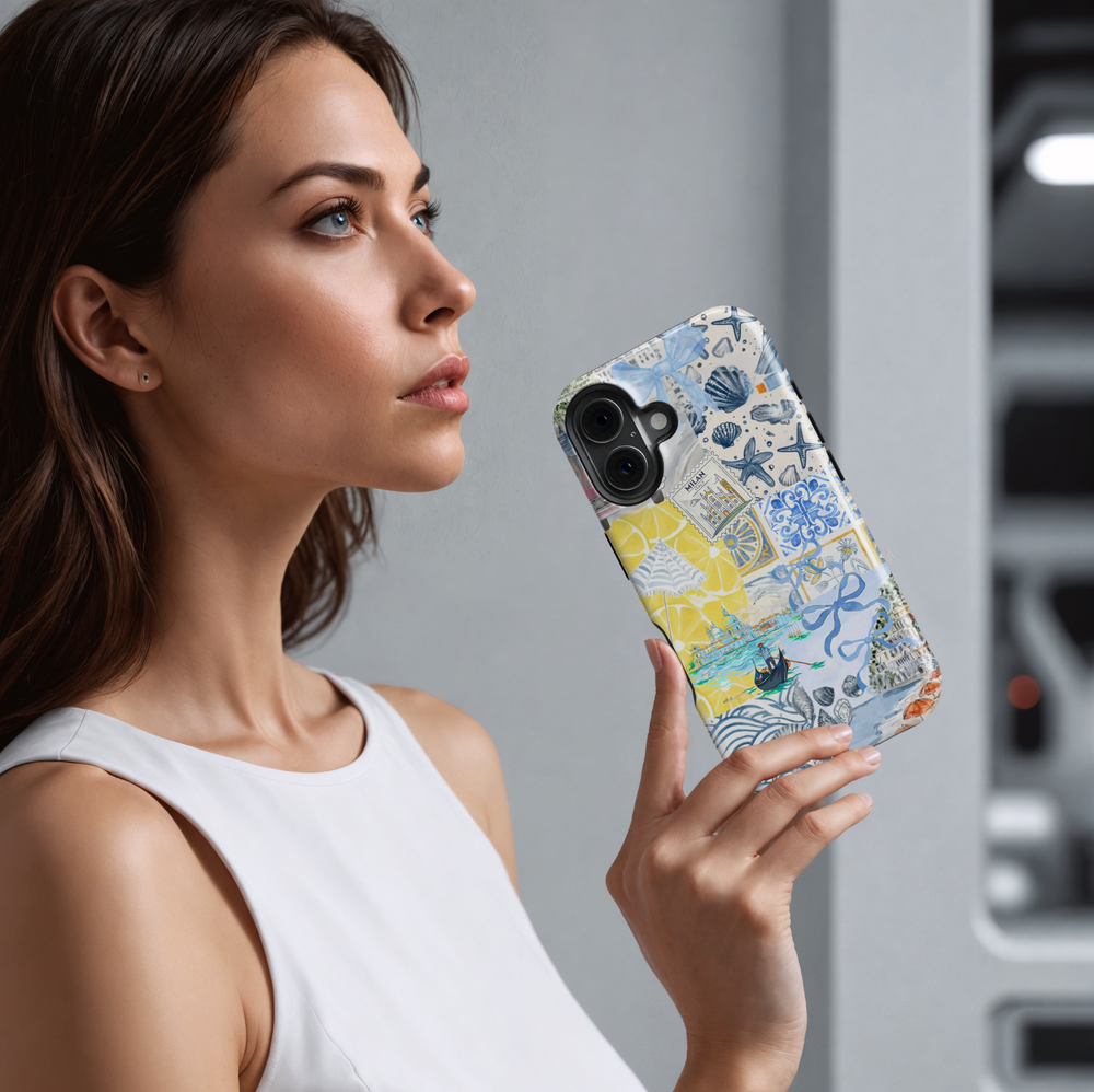 Italian Aesthetic iPhone Case with Amalfi Coast Elements, Blue Bows, Lemons, Shells, Gondola, and Milan Stamp – Summer Travel Phone Cover