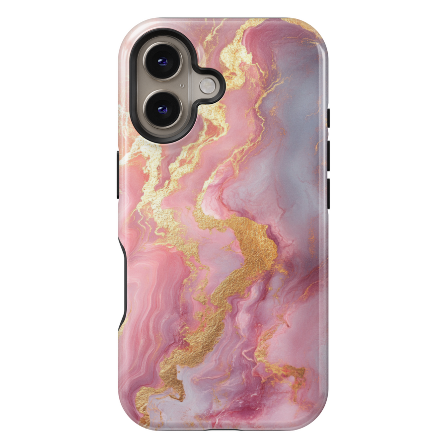 Blush pink marble iPhone 16 MagSafe case with gold shimmer veins – elegant, feminine, and protective phone cover for a chic look.