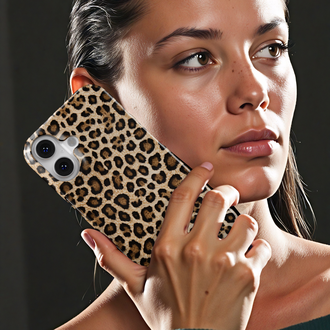 Leopard print phone case with brown and black animal fur pattern, trendy chic aesthetic protective cover for iPhone and Samsung