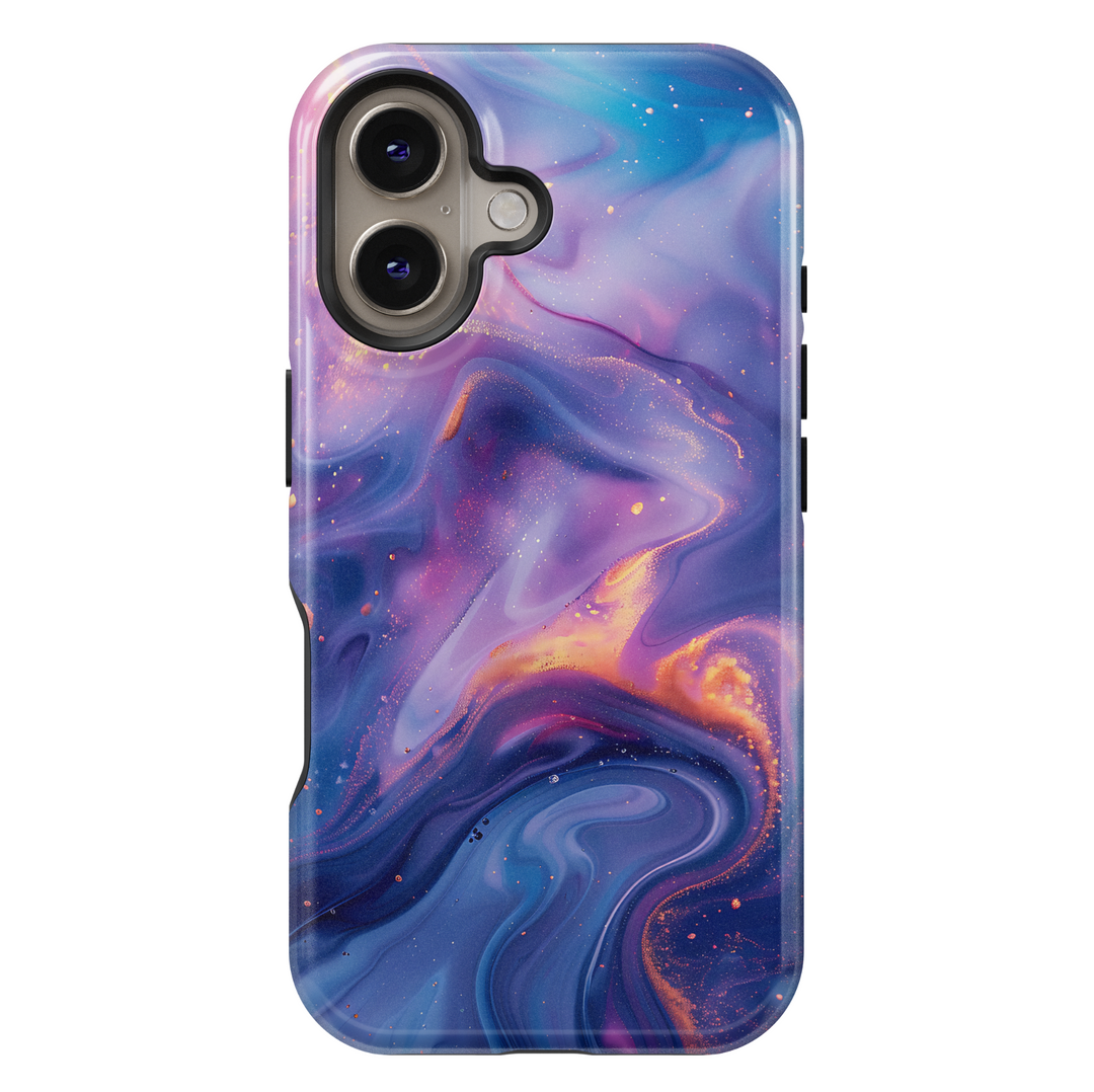 Abstract galaxy swirl iPhone 16 MagSafe case in dreamy purple, blue, and gold tones – aesthetic, protective, and perfect for a cosmic look.