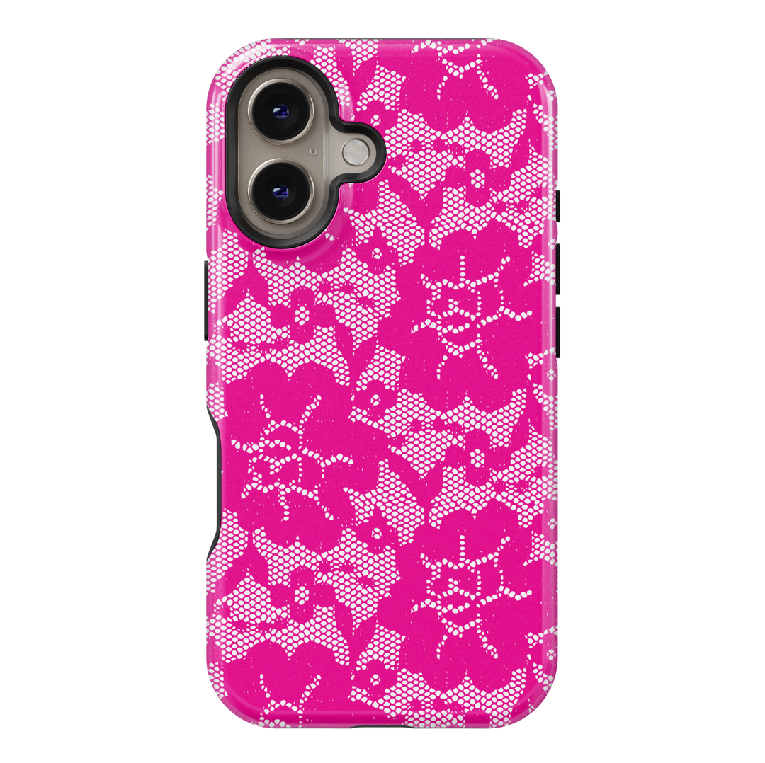 Pink Lace Floral iPhone Case with White Intricate Flower Pattern – Tough Coquette Aesthetic Protective Cover for iPhone Models