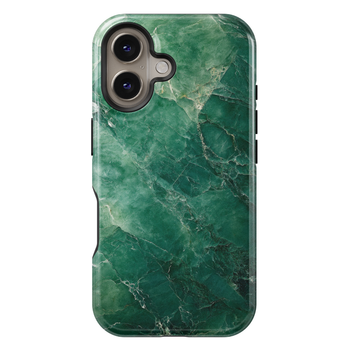 Emerald green marble iPhone 16 MagSafe case with natural stone texture and deep jade tones, elegant and protective phone cover.