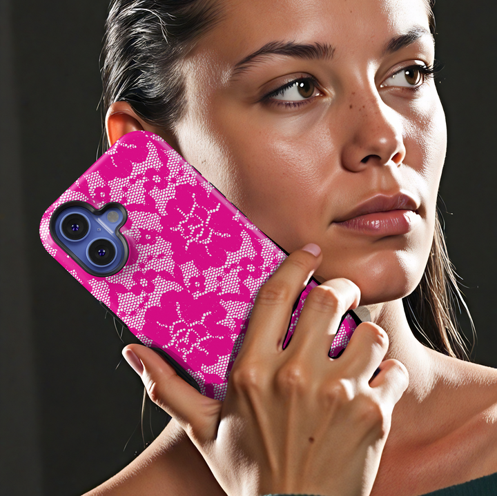 Pink Lace Floral iPhone Case with White Intricate Flower Pattern – Tough Coquette Aesthetic Protective Cover for iPhone Models