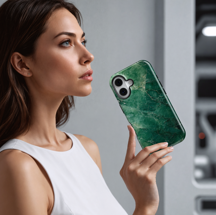 Emerald green marble iPhone 16 MagSafe case with natural stone texture and deep jade tones, elegant and protective phone cover.