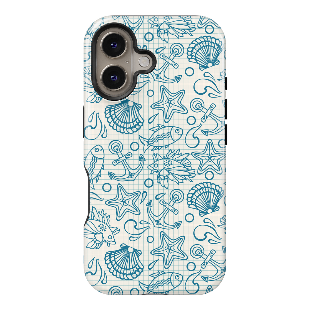 iPhone Case with Blue Nautical Sketches on Grid Paper – Featuring Starfish, Anchors, Shells & Ocean Doodles