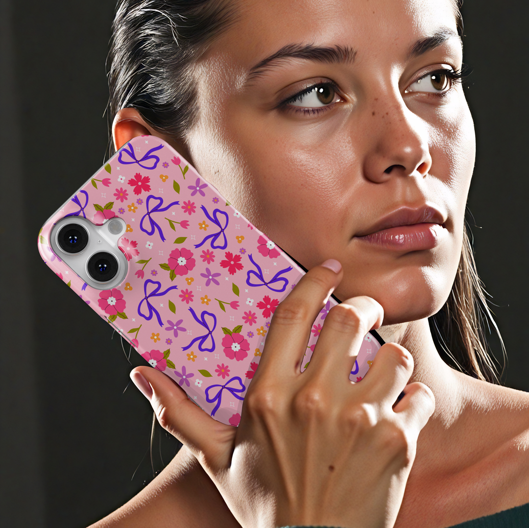 Pink phone case with purple bows and floral design, coquette girly aesthetic phone cover for iPhone and Samsung