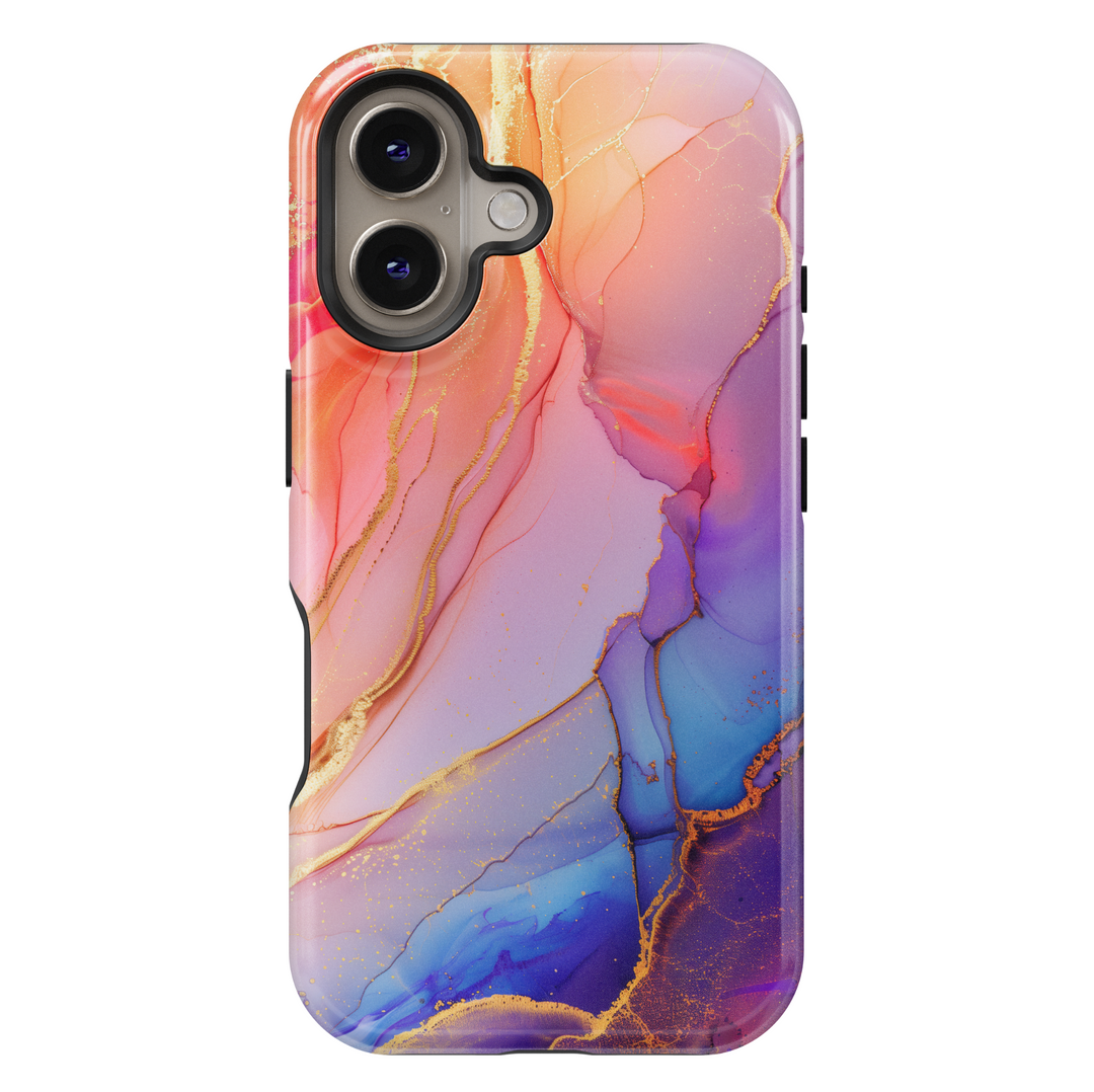 Elegant blush pink and violet marble swirl iPhone 16 MagSafe case with gold accents and fluid abstract design.