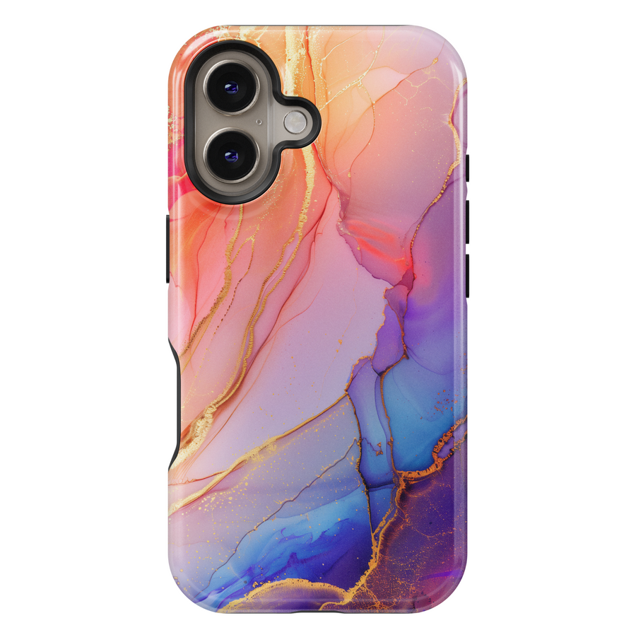 Elegant blush pink and violet marble swirl iPhone 16 MagSafe case with gold accents and fluid abstract design.