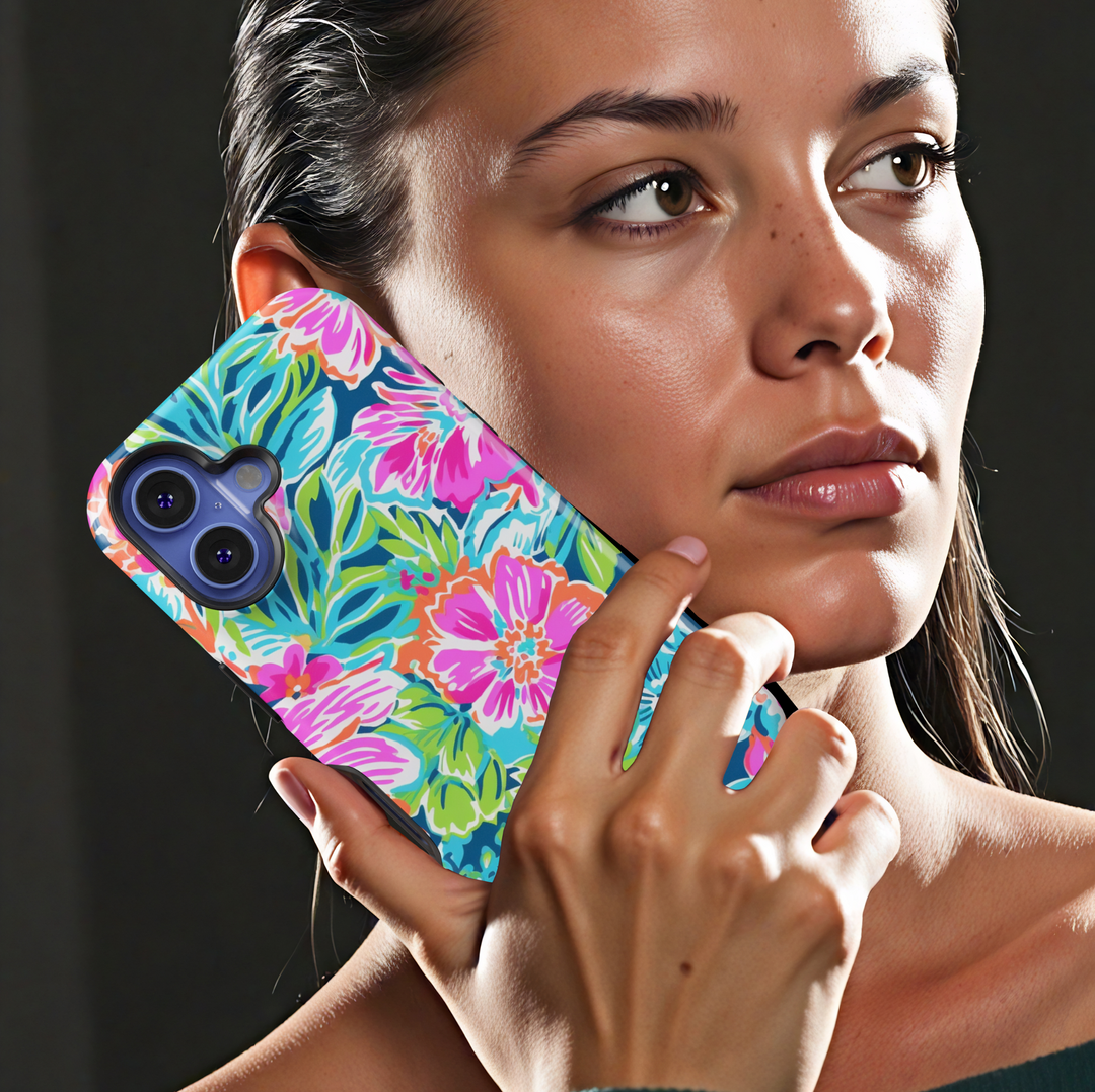 Colorful tropical floral iPhone case – Pink orange blue green flower phone cover for iPhone 15, 14, 13, 12, SE – Summer beach pattern