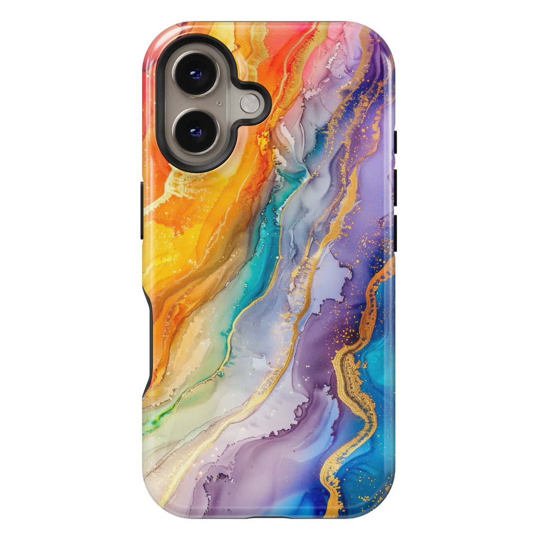 Colorful rainbow marble swirl iPhone 16 MagSafe case with fluid abstract art in yellow, orange, blue, green, and purple hues with gold accents.