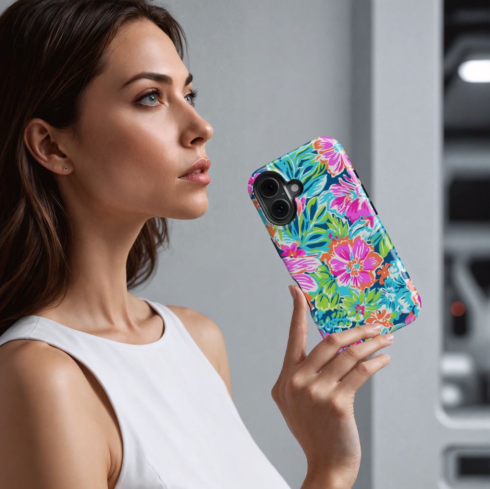 Colorful tropical floral iPhone case – Pink orange blue green flower phone cover for iPhone 15, 14, 13, 12, SE – Summer beach pattern