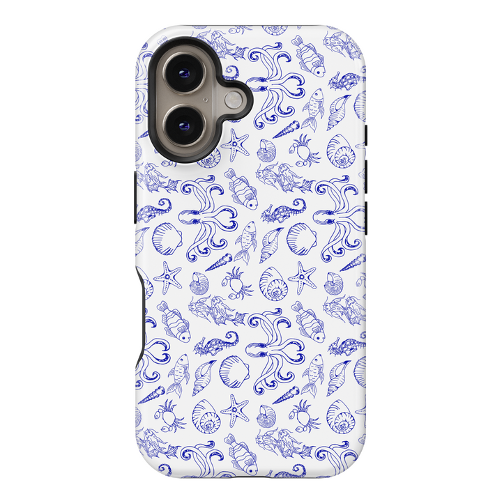 Aesthetic Blue and White Sea Life iPhone Case Featuring Octopus, Shells, and Fish – Tough Protective Coastal Cover for iPhone 15 and More