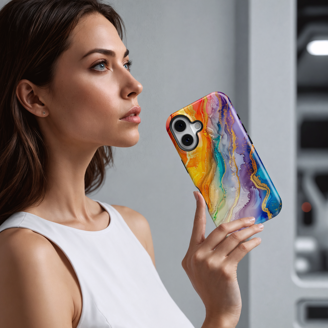 Colorful rainbow marble swirl iPhone 16 MagSafe case with fluid abstract art in yellow, orange, blue, green, and purple hues with gold accents.