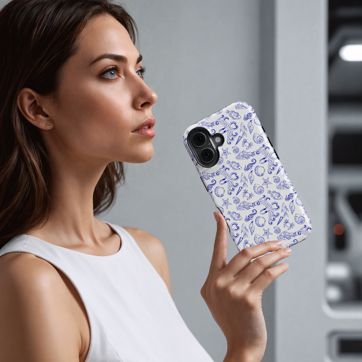 Aesthetic Blue and White Sea Life iPhone Case Featuring Octopus, Shells, and Fish – Tough Protective Coastal Cover for iPhone 15 and More