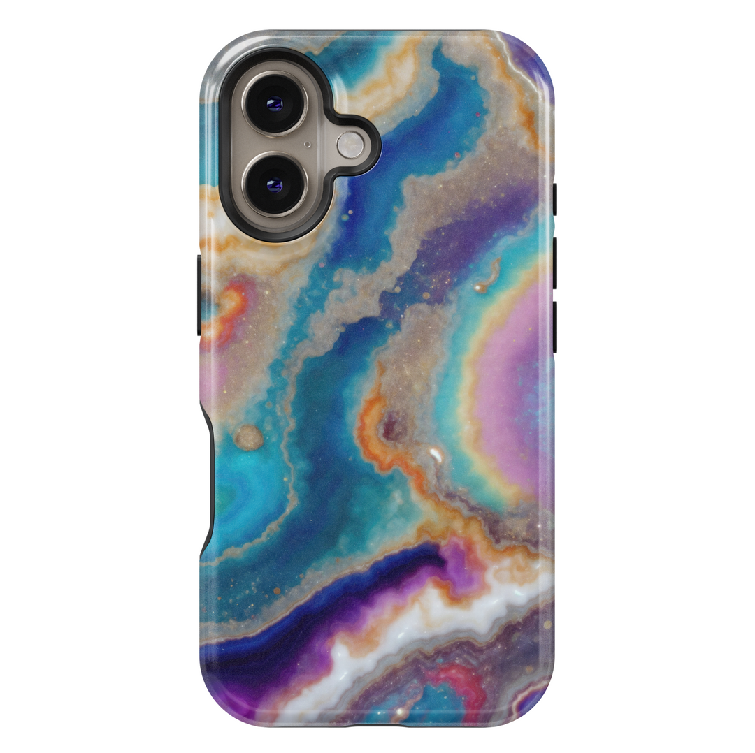 Tough iPhone 16 MagSafe case featuring a colorful geode swirl pattern in turquoise, purple, gold, and white with a glossy finish.