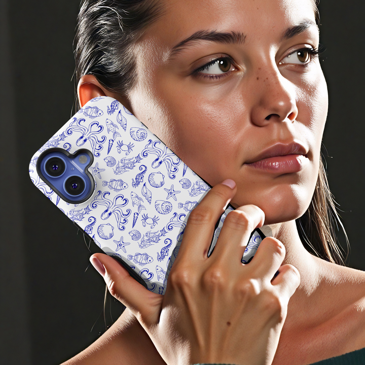 Aesthetic Blue and White Sea Life iPhone Case Featuring Octopus, Shells, and Fish – Tough Protective Coastal Cover for iPhone 15 and More