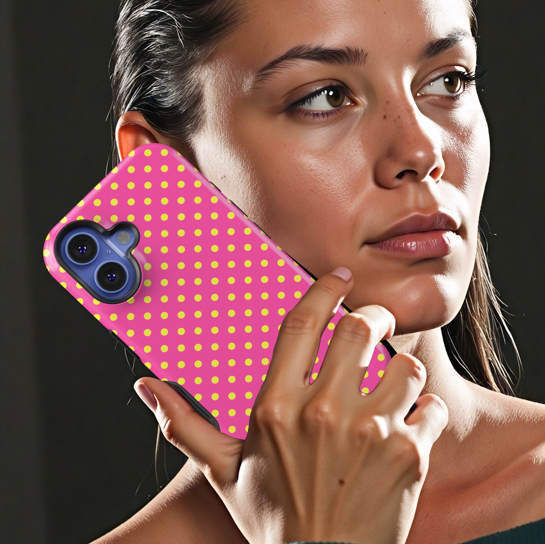 Hot pink and yellow polka dot iPhone case – Colorful tough protective cover for iPhone 15, 14, 13, 12, SE – Cute fun design for girls