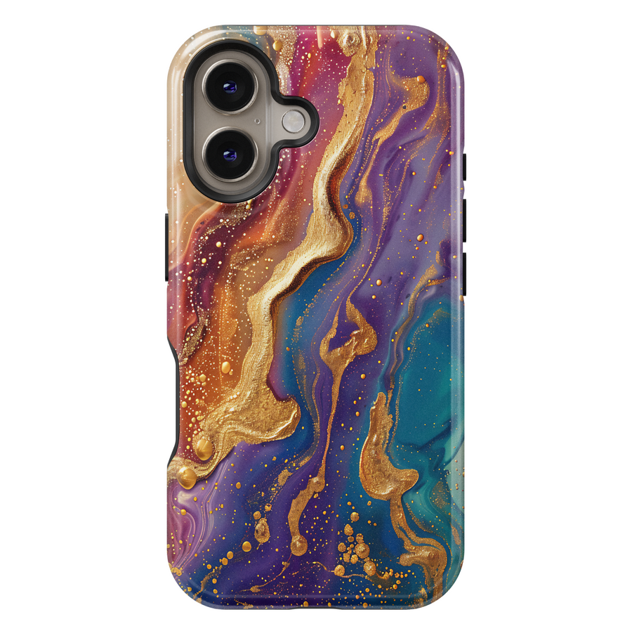 Tough iPhone 16 MagSafe case featuring vibrant purple, teal, and gold swirl design with a glossy finish.