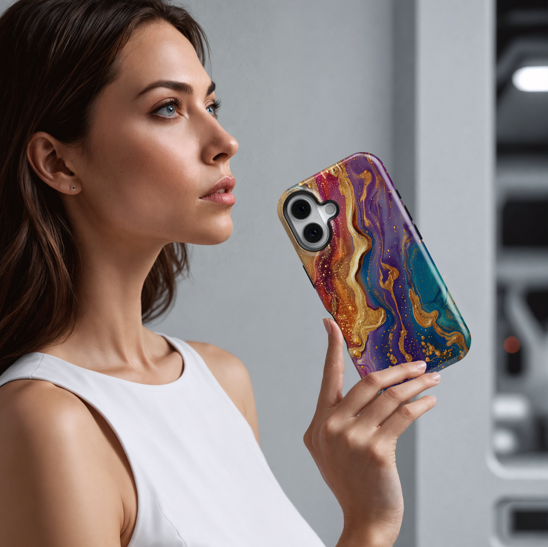 Tough iPhone 16 MagSafe case featuring vibrant purple, teal, and gold swirl design with a glossy finish.