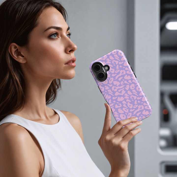 Pastel pink and lavender leopard print iPhone case – Cute tough protective phone cover for iPhone 15, 14, 13, 12, and SE for women and girls