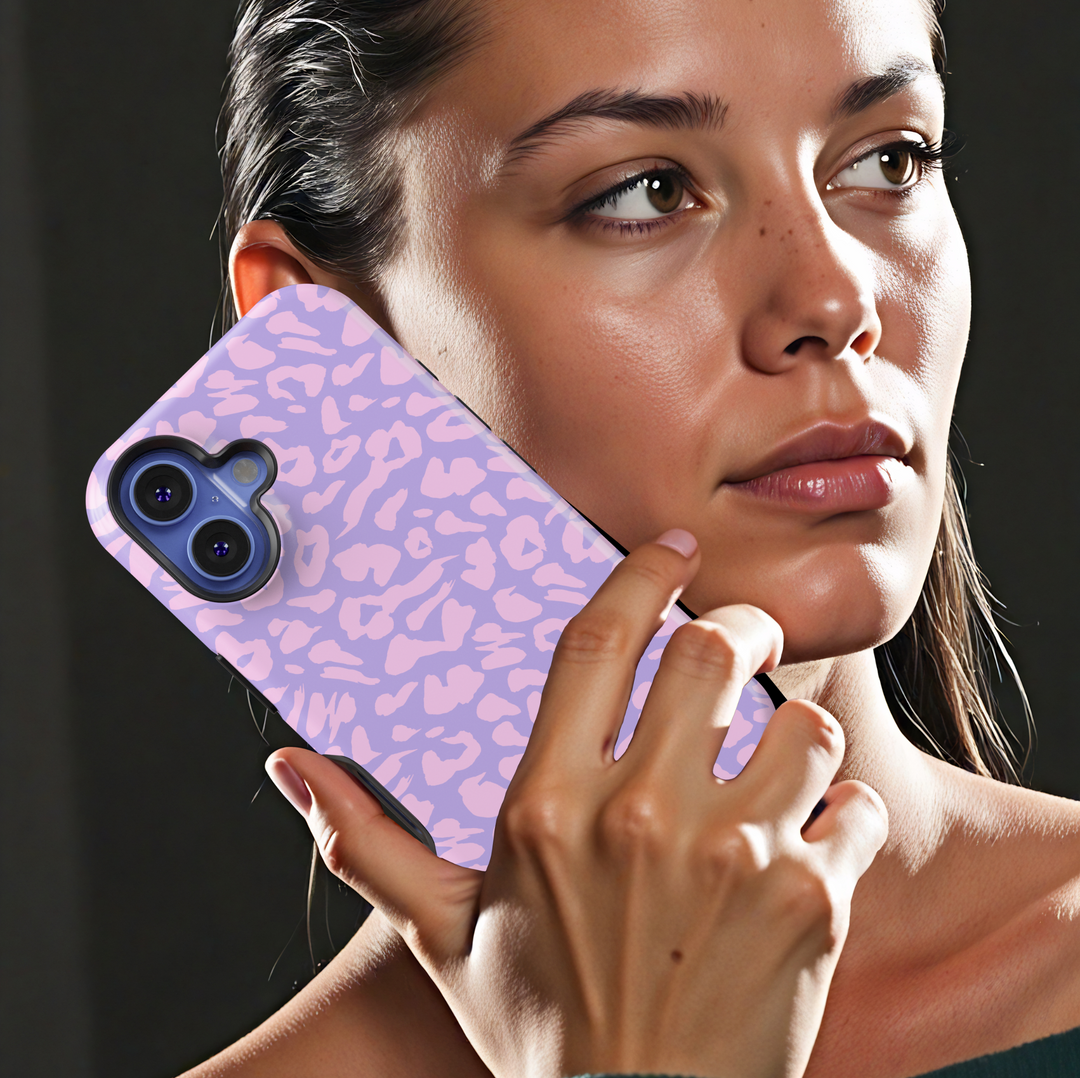 Pastel pink and lavender leopard print iPhone case – Cute tough protective phone cover for iPhone 15, 14, 13, 12, and SE for women and girls