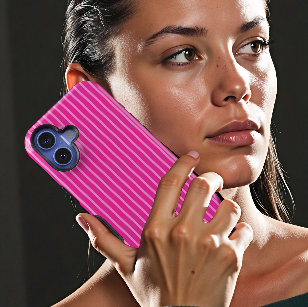 Hot pink vertical striped iPhone case with glossy finish – Tough protective case for iPhone 15, 14, 13, 12, 11 models for women and girls