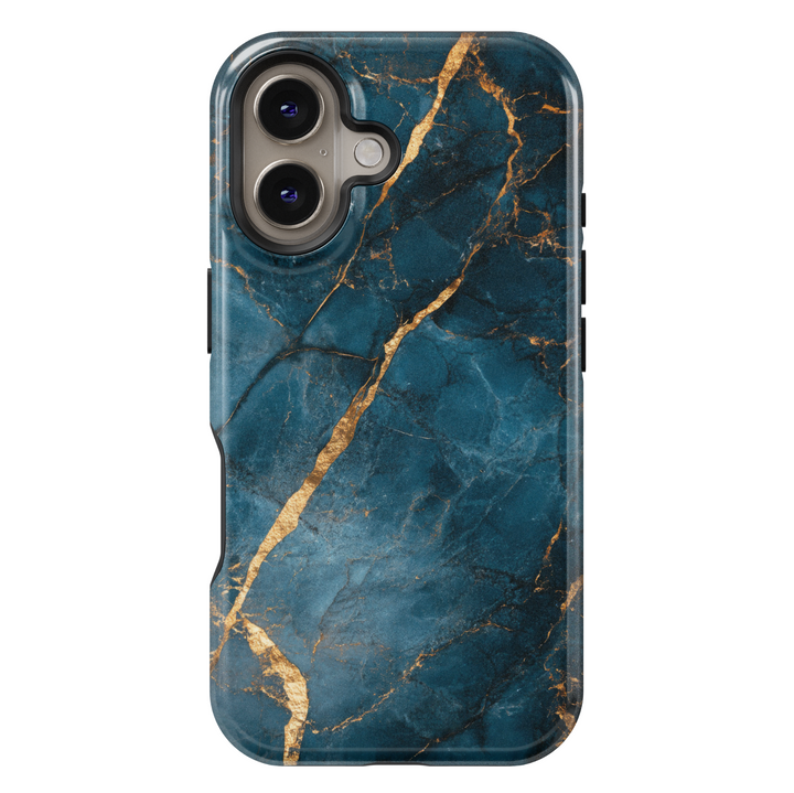 Elegant iPhone case with deep blue marble texture and gold vein detailing; MagSafe-compatible tough case for iPhone 16.