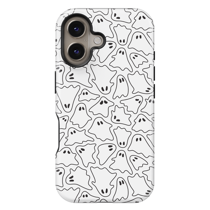 White iPhone case with black outlined ghost pattern. Minimalist Halloween ghost aesthetic, spooky and cute doodle design. Fits iPhone 16, 15, 14, 13 models.