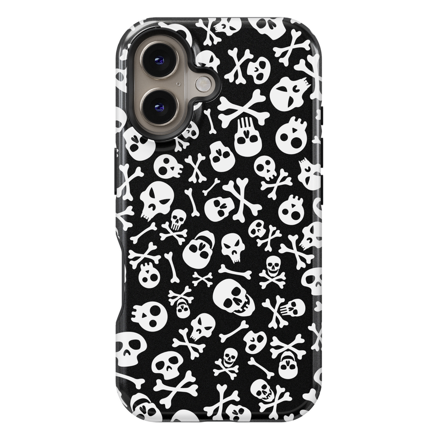Black iPhone case with white skull and crossbones pattern, Halloween skeleton aesthetic, spooky gothic phone cover, scary skull print for iPhone 16, 15, 14, 13.