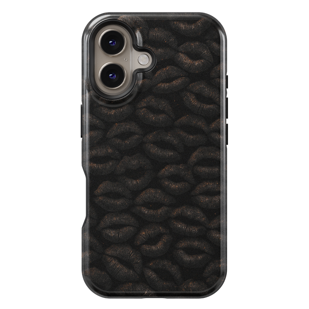 Glossy black iPhone case featuring a textured dark lip print pattern, stylish and edgy design for iPhone 16 series, MagSafe compatible.