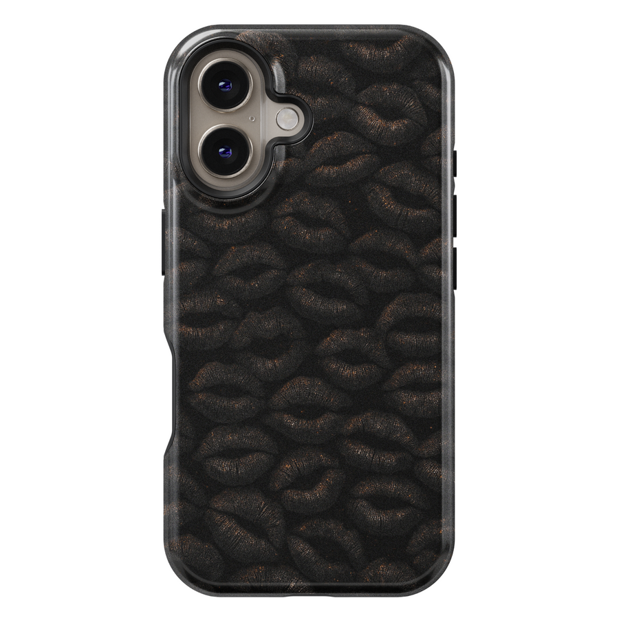 Glossy black iPhone case featuring a textured dark lip print pattern, stylish and edgy design for iPhone 16 series, MagSafe compatible.
