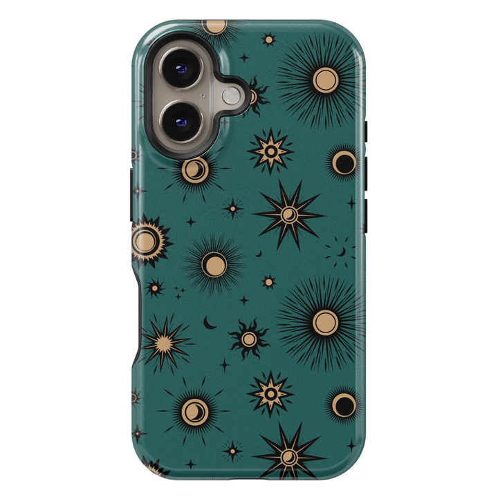 Teal iPhone case with mystical celestial pattern featuring gold-toned suns, moons, and stars in a vintage-style cosmic design.