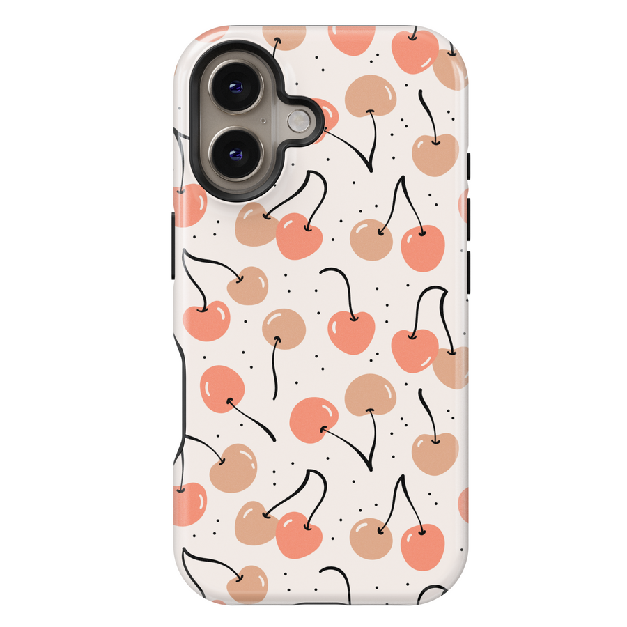 iPhone 16 MagSafe case with pink and peach cherry pattern on cream background – cute and minimalist phone case for women